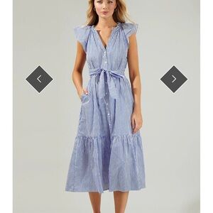 SUGARLIPS sheath Blue Striped Charlotte Sleeveless RUFFLE Dress NWT SZ sm med